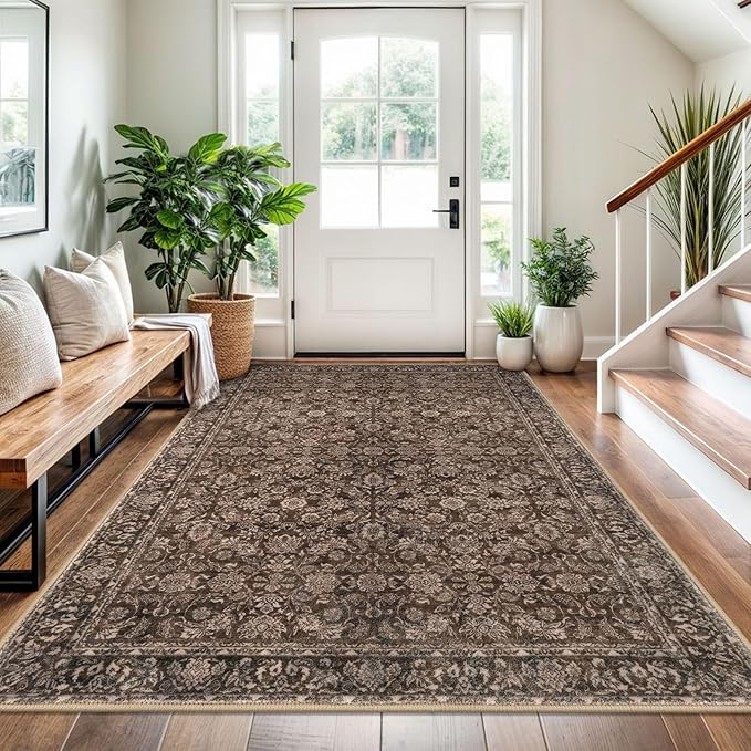 4x6 Washable Rug Rust Reddish Brown Area Rug for Entryway Soft Non-Slip Indoor Door Rugs Distressed Floral Low-Pile Doormat, Neutral Vintage Carpet for Entrance Kitchen Bedside Farmhouse