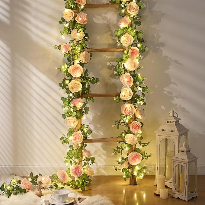 Dolicer 2Pcs 13Ft Artificial Eucalyptus Garlands with Flowers - 8 Roses, Faux Floral Greenery Garlands with 13Ft String Lights Fake Flower Vines for Wedding Table Centerpieces Arch Party Decor (Pink)