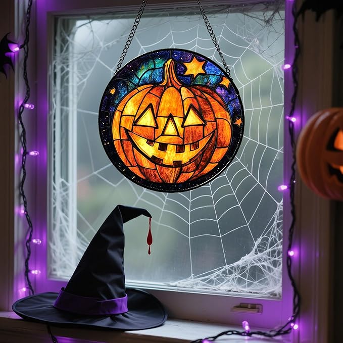 Stained Glass Window Hanging Halloween Horror Golden Pumpkin 15" - Suncatcher Door Garden Sunroom Gothic Style Sun Catcher Birthday for Friend Mom Men Woman Nana