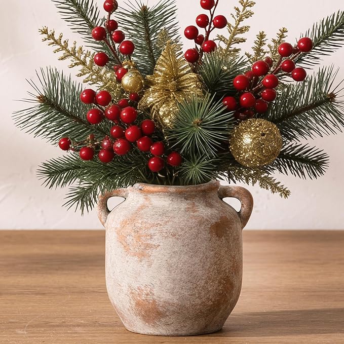 Ceramic Flower Vase Home Decor - 6 Inch Farmhouse Rustic Table Vases with Handle Living Room Decoration Decorative Vintage Pottery for Kitchen Shelf Coffee Dining Bookshelf Fireplace Centerpiece