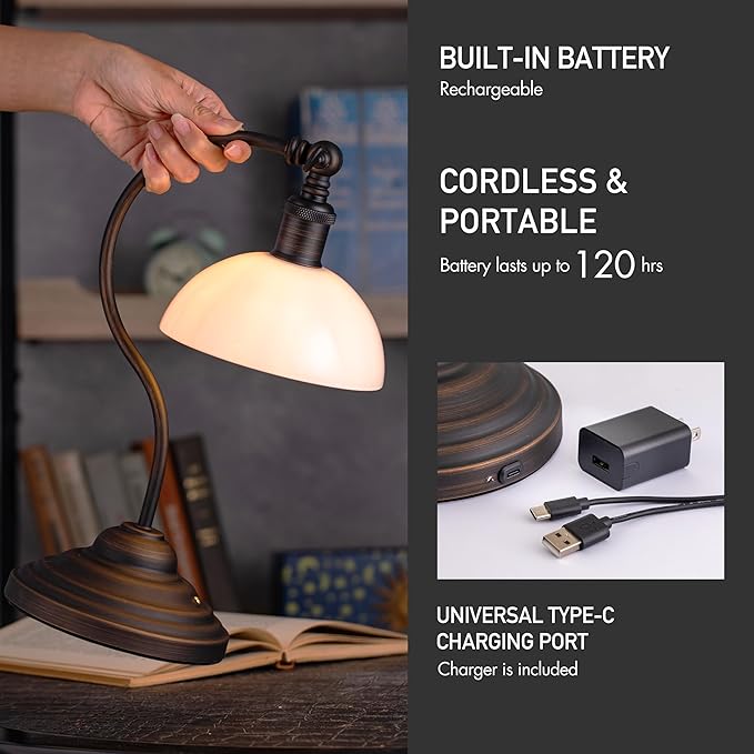 O'Bright Bankers - Cordless LED Table Lamp, Battery-Operated, Rechargeable, 3-Level Dimming, Universal USB-C Charging, 180° Swivel Head, White Jade Glass Shade, Oil Rubbed Bronze