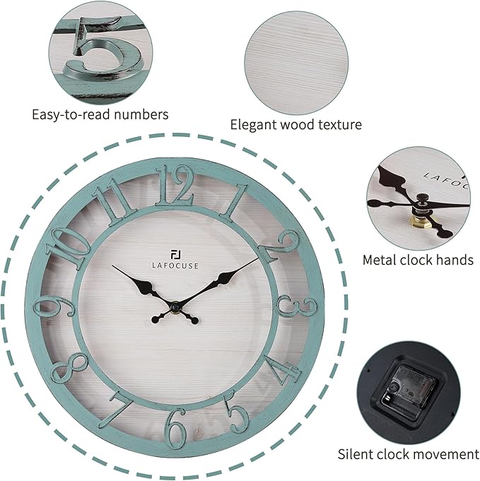 Lafocuse 12 Inch Silent Teal Wall Clocks Battery Operated, Farmhouse Wall Clock for Kitchen Living Room, Rustic Home Décor