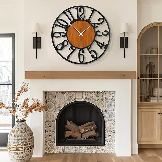 Maxstar Round Wall Clock for Living Room Decor Battery Operated Non Ticking Black Metal Wood Clocks for Home Living Room Garden Office Kitchen Decoration -16 inch