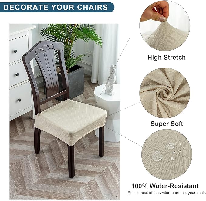 Genina Waterproof Seat Covers for Chairs,Set of 4 Dining Room Chair Seat Covers for Kitchen,Stretch Jacquard Removable Washable Dining Chair Slipcovers Protectors with Rear Covers, Beige