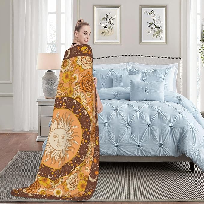 Sun Moon Bohemia Throw Blanket Soft Plush Fleece Blankets Warm Cozy Lightweight Fuzzy Blanket for Bed Sofa Couch Home Decor 80"X60"