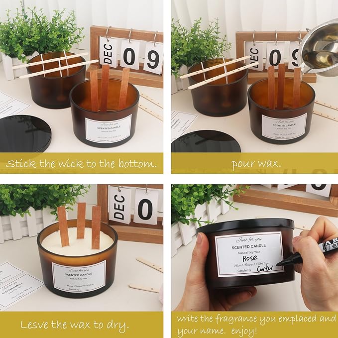 MILIVIXAY 6 Pack 24 oz Candle Jars with Metal Lids and Candle Making Kits - 3 Wick Candle Jar,Bulk Empty Frosted Amber Thick Glass Jars for Making Large Candles - Spice, Powder Containers.