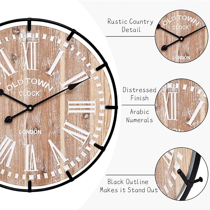 MODE HOME Large Farmhouse Wall Clock, 24 Inch Rustic Wooden Wall Clock Decorative with Metal Circle and Engraved Numerals, Silent Battery Operated for Kitchen Bedroom Living Room Fireplace Mantel