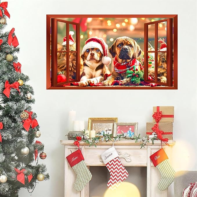 Christmas Dog Wall Stickers Decor 3D Fake Window Wall Decal Mural Christmas Cat Xmas Puppy Dog Decals Holiday Wall Sticker Animal Fake Window Wall Stickers Party Decorations