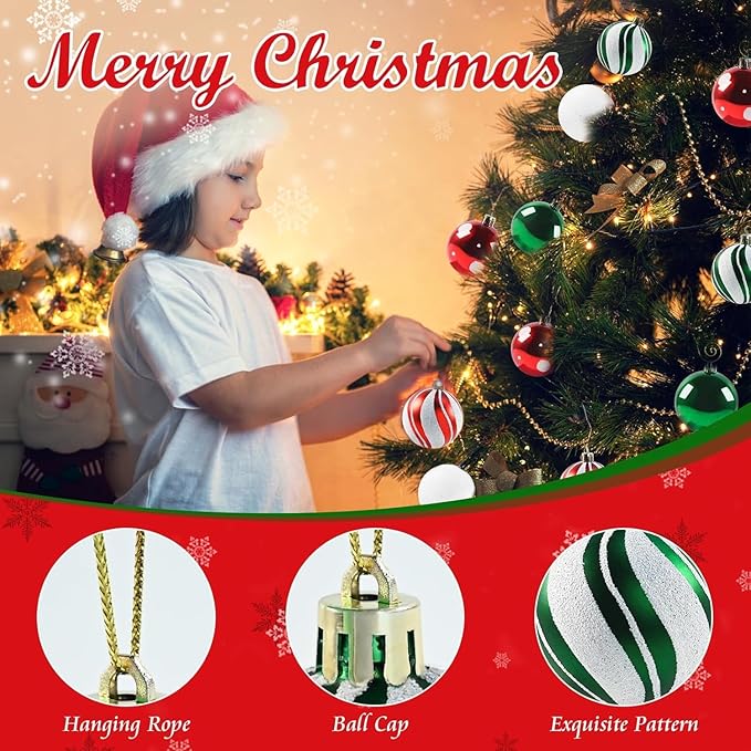 30pcs Christmas Balls Ornaments - 2.36" Red & Green & White Xmas Balls Decoration, Shatterproof for Christmas Tree & Party Event (Style-22)