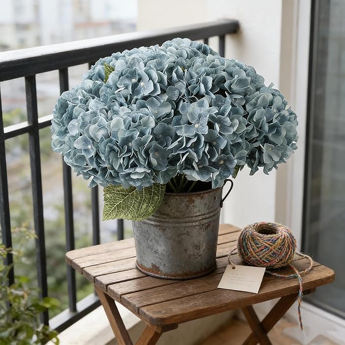 Kimura's Cabin 2Bouquets Fake Hydrangea Flowers Vintage Artificial Silk Hydrangeas Flower 10Heads Faux Floral for Home Table Centerpieces Wedding Party Decoration(Sky Blue