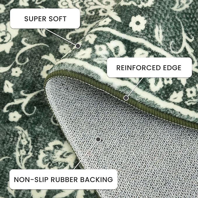 Vintage Washable Runner Rug 2x6, Forest Green Runners for hallways, Super Soft Kitchen Runner Rug Non Slip, Printed Faux Wool Thin Carpet Runner for Entryway Indoor Laundry Room Bedroom