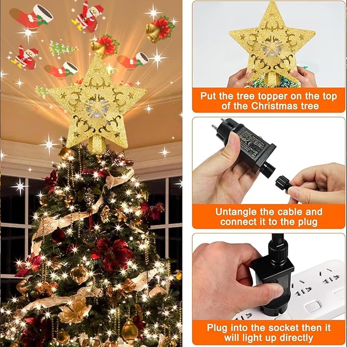 Christmas Tree Topper, 3D Rotating Pattern Projector for Xmas Tree Topper, Hollow Design Christmas Decorations,Christmas Decor