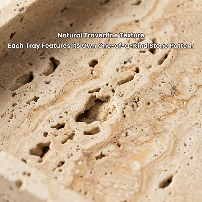Natural Travertine Bathroom Vanity Tray, 12“x8” Beige Stone Organizer for Dresser, Decorative Tray for Perfume, Jewelry, Keys and Home Decor