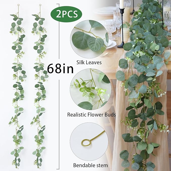 Mizii 2 Strands Artificial Vines Eucalyptus Garland 68" Fake Vine with Silk Leaves Green Garland Faux Hanging Plants Greenery Decoration for Bedroom Room Table Centerpieces Wedding Decor (Greenery)