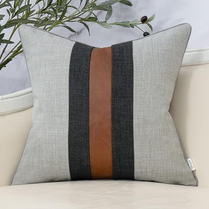 Yangest Patchwork Pillow Cover 18x18 Inch Luxury Cotton and Linen Cushion Cover Faux Leather Pillowcover for Couch Bedroom Living Room, Gray