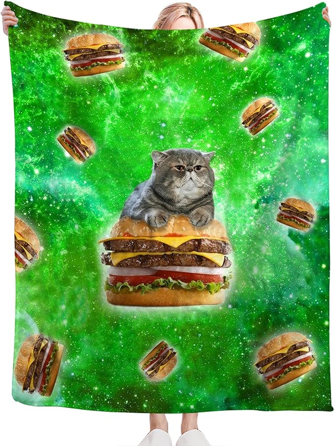 Tijuboni Hamburger Cat Throw Blanket Funny Cat Gifts for Girls Boys Women Men Kids Adults Soft Flannel Fleece Blanket for Couch Sofa Bed Home Decor 40"x50"