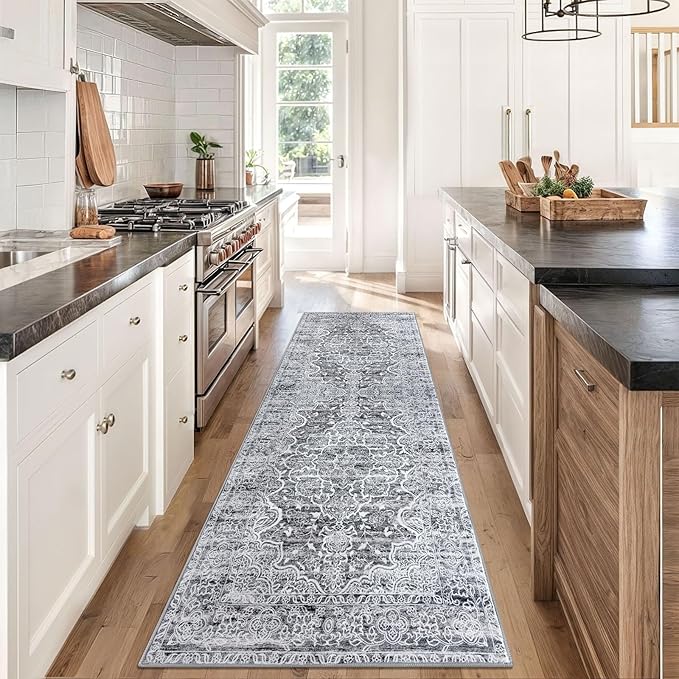 KUTA Vintage Washable Runner Rug, 2.6x8 Runners for Hallways Non-Slip Vintage Grey Blue White Floral Kitchen Rugs Soft Printed Tribal Floor Carpet for Bedroom Living Room Nursery