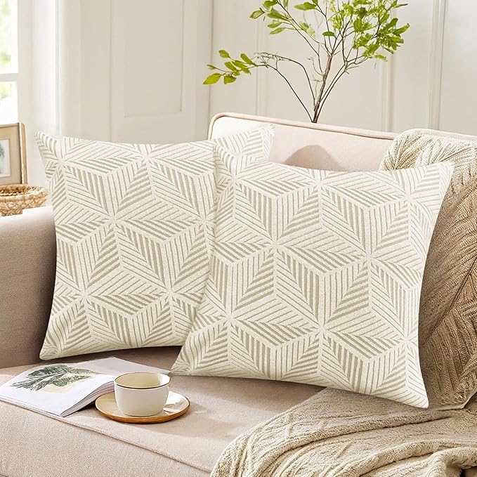 YEMYHOM Pack of 2 Throw Pillow Covers 18 x 18 Inch High Stretch Jacquard Pillowcase for Couch Sofa Living Room Home Decor, Beige