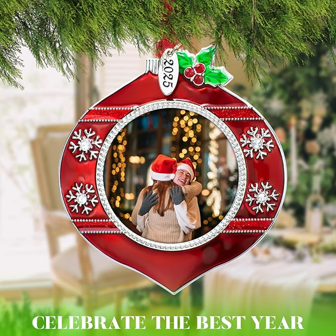 2025 Christmas Tree Ornament Picture Frame Metal Hanging Pendant Holiday 2" Photo Frame Charm Decorative of Pets, Baby First Christmas, Family (2025 Style 8)