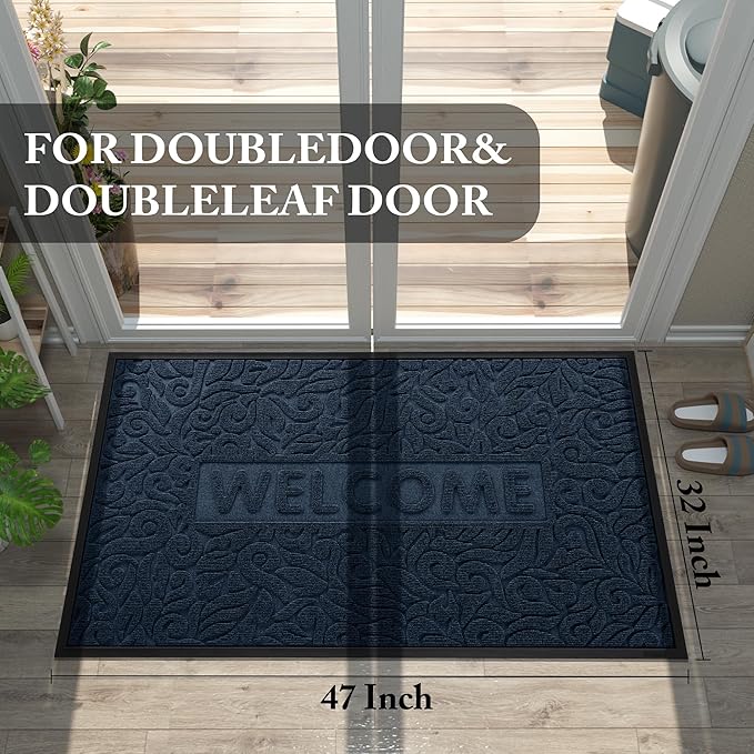 Yimobra Large Welcome Mat 47x32, Waterproof Non-Slip Outdoor Mats for Front Door Outside Entrance, Low-Profile Entryway Mat Indoor for Garage Patio, Blue