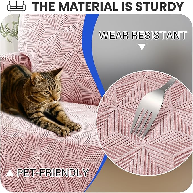 YEMYHOM 1 Piece Stretch Couch Covers for 2 Cushion Couch, Jacquard Loveseat Cover with Non-Slip Elastic Bottom, Thickened Slipcover Furniture Protector for Dogs Pets (Medium, Pink）