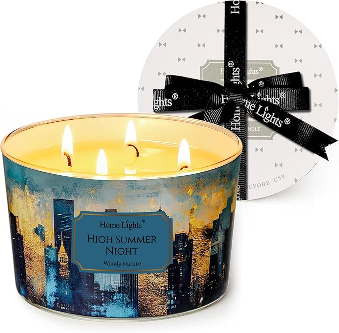 HomeLights High Summer Night Scented Candles | 18oz Soy Candles Industrial Chic 4-Wick Large Candle Jars | Ideal Candle Gifts for Events, Home Decor Stress, Relief & Relaxation