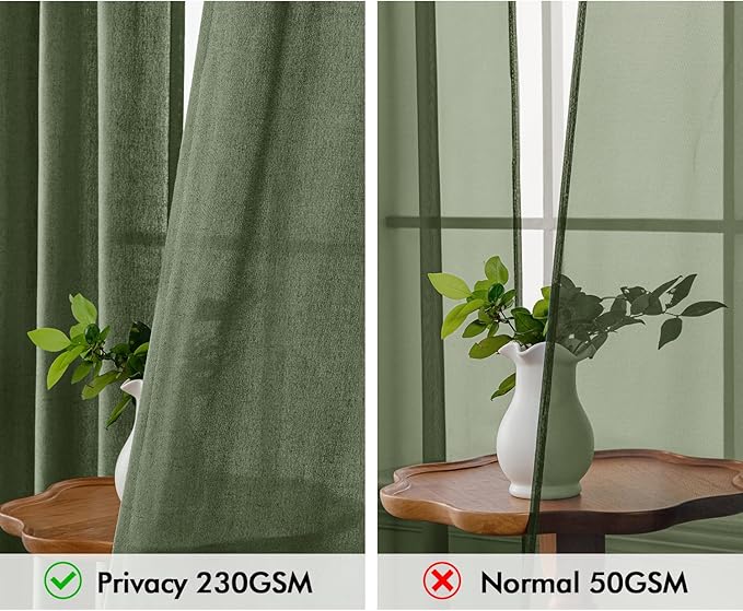 MIULEE Non-See-Through Privacy Linen Curtains 2 Panels, Olive Green Light Filtering Window Curtains Farmhouse Textured Back Tab Semi Sheer Drapes for Bedroom Living Room 84 Inches Long Dark Green