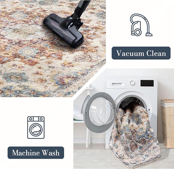Area Rug 5×7, Vintage Boho Rug,Ultra-Soft Low Pile, Washable, Non Slip,Stain Resistant Printed Carpet for Living Room Bedrooms Playroom Office Kitchen, Blue/Red