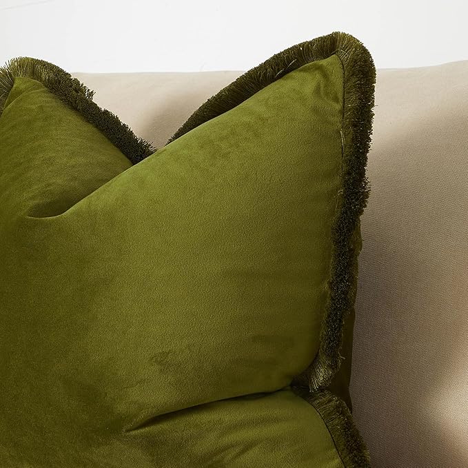 JUSPURBET Olive Green Decorative Velvet Fringe Throw Pillow Covers 22x22 Set of 2 Boho Soft Cushion Case for Home Decor Living Room Couch Sofa Bed