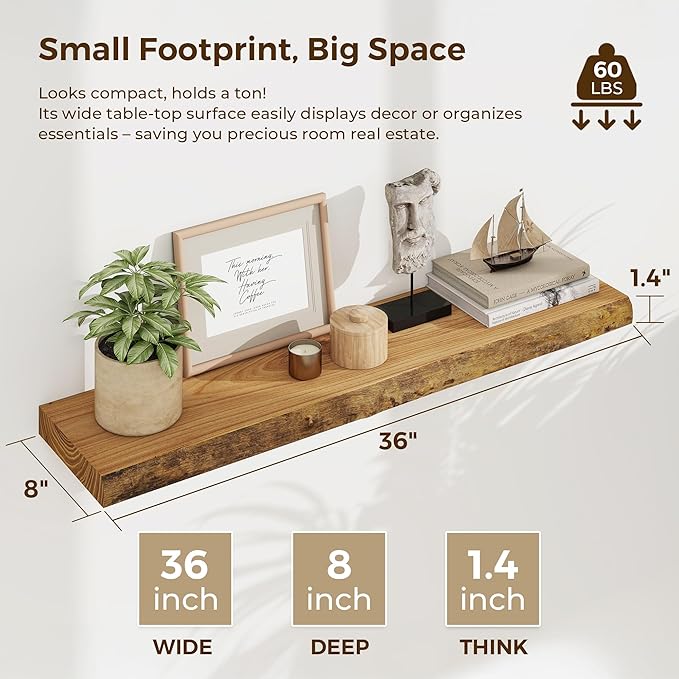 Dreamland Wood Floating Shelves 36 Inch Long, Rustic Solid Elm Wood Live Edge Shelves for Home Decor, 8 Inch Deep Wall Shelf for Living Room Bathroom Bedroom Kitchen, Natural Color, Set of 2