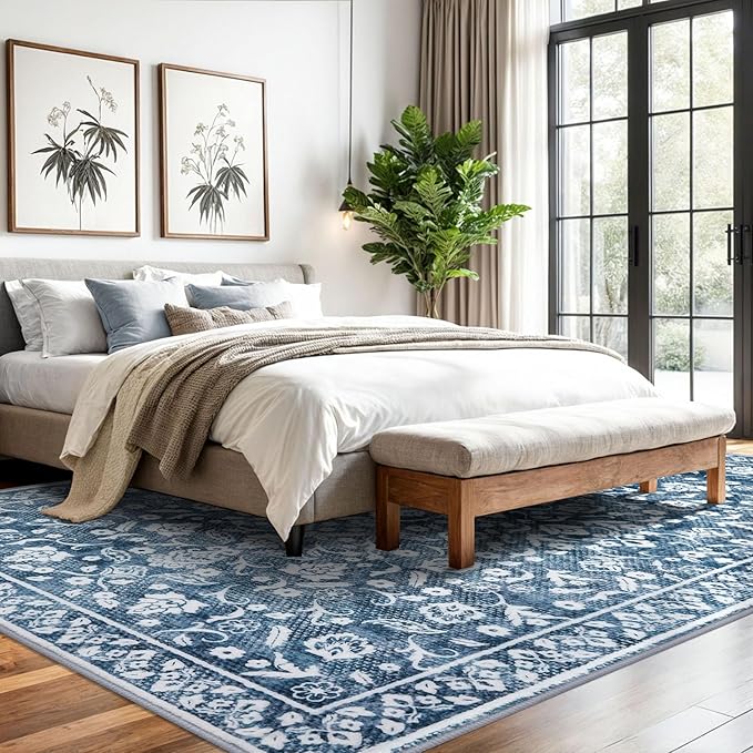 Vintage 8x10 Area Rugs, Blue and White Washable Living Room Rug Non-Slip Thin Large Area Rug Printed Faux Wool Floor Super Soft Carpet Throw Rugs for Bedroom Dining Room Playroom Office