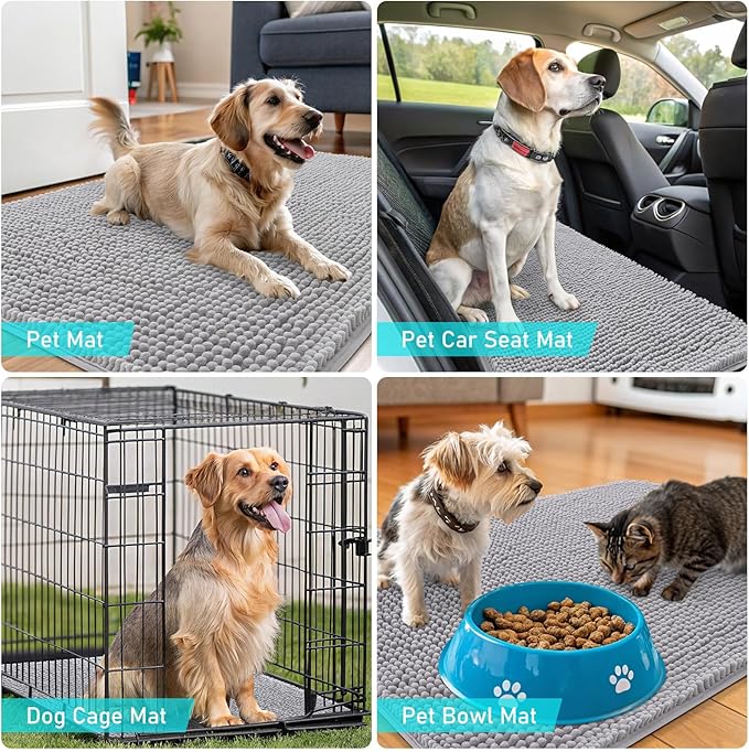 OLANLY Dog Door Mat for Muddy Paws 59x32, Absorbs Moisture and Dirt, Absorbent Non-Slip Washable Doormat, Quick Dry Chenille Mud Mat for Dogs, Entry Indoor Entryway Carpet for Inside Floor, Light Grey