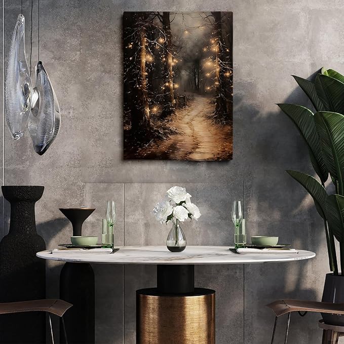 Moody Christmas Path Oil Painting - Whimsical Wall Art, Dark Cottage Core, Living Room Art, Dark Academia, Fireplace Decor - 16x24in Framed