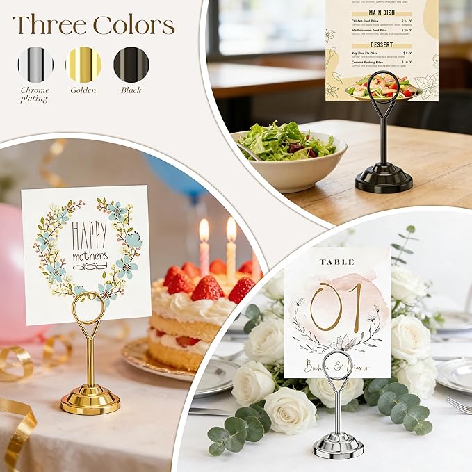 Urban Deco 16 Pieces Table Card Holder Place Card Holders 4 inches Steel Card Holders for Photos, Food Signs, Memo Notes, Weddings, Restaurants, Birthdays (Gold Round)