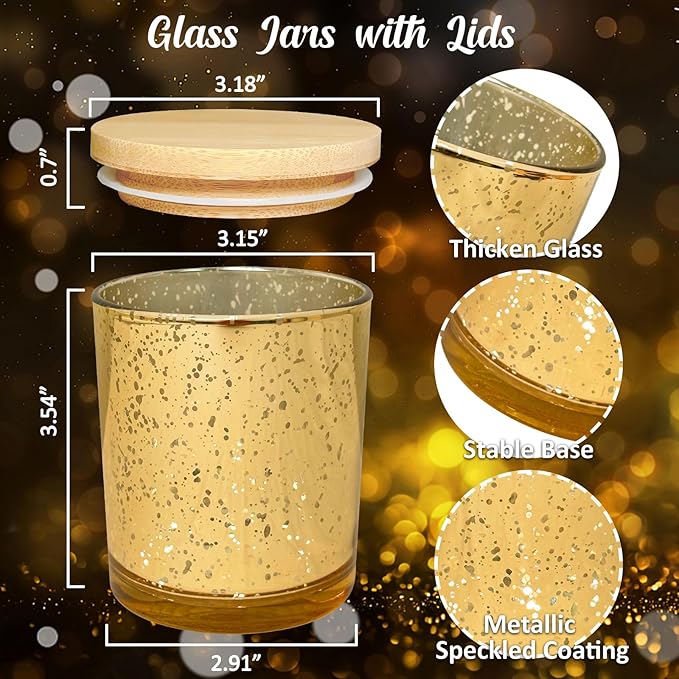 12 Pack Glass Candle Jars-10oz Golden Empty Candle Jars with Bamboo Lids, Bulk Candle Jars for Gold Wedding Centerpieces for Table Decorations, Gold Party Bridal Shower Decorations