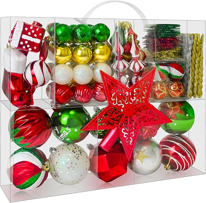 AWSL Christmas Tree Ornaments - 113PCS Set, Red Green White Gold Silver, Shatterproof, Hanging Xmas Tree Decorations
