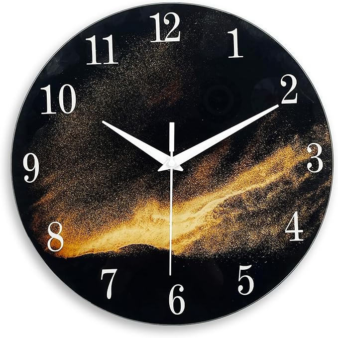 Black Wall Clock for Living Room 14 Inch Glass Analog Wall Clock Battery Operated Silent Clock for Bedroom Office