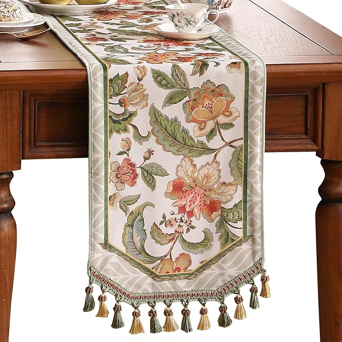 patdrea Designer Elegant French Floral Velvet Table Runner, Fresh Green with Orange Blossoms Pattern Table Mat, Decoration for Kitchen Dining Coffee Table Cabinet Banquet Thanksgiving,12"*71"