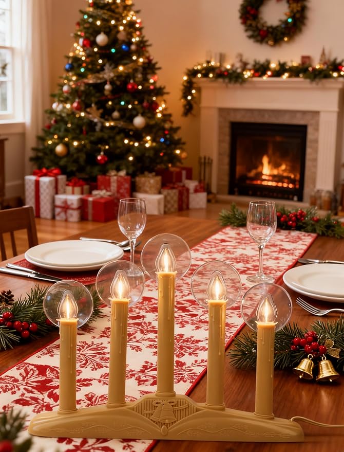 5-Light Christmas Window Candle Lights, Electric Plug-in Candelabra Arch for Luminous Holiday Decorations - Traditional Indoor Windowsill Taper Candle Lamp, Flameless