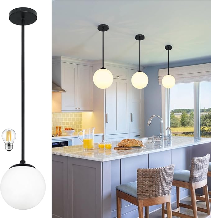 6 Inch Globe Pendant Light Black Mid Century Modern Globe Light Fixture Mid Century Milk Glass Pendant Lamp Matte Black Finished with Milk Glass Lampshade for Kitchen Island