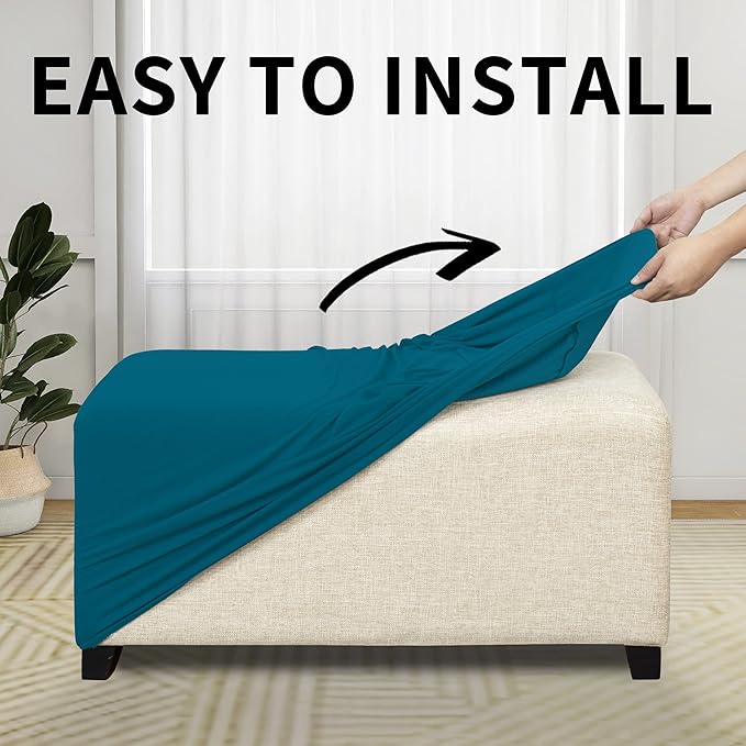 Easy-Going 100% Dual Waterproof Stretch Ottoman Cover 40x40x15inch Square Folding Storage Stool Furniture Protector Soft Slipcover for Living Room Peacock Blue