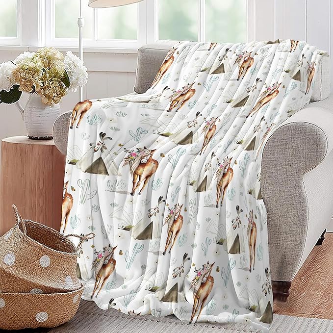 Horse Blanket Rustic Boho Horse Lover Throw Blanket Super Soft Plush Warm Fleece Flannel Western Cactus Decor Gifts for Baby Kids Girls Women Boys for Sofa Couch Bed 50"X60"
