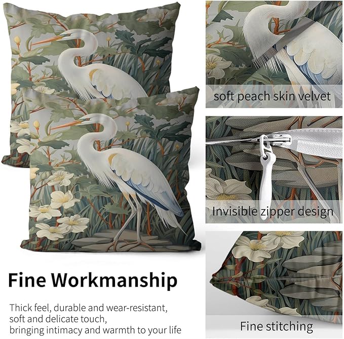 Heron Pillow Protectors with Zipper Standard Size William Morris Pillow Covers Set of 2 Rustic Bird Animal Pillowcases Chinoiserie Vintage Nature Floral Botanical Bed Pillow Covers 24"X12"