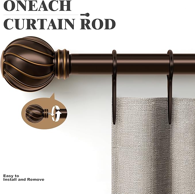 Oneach Brown Curtain Rods for Windows 72 to 144 Inch, 7/8" Adjustable Heavy Duty Decorative Drapery Rods with Round Netted Texture Finials (Pack of 1, 36 to 150 Inch)