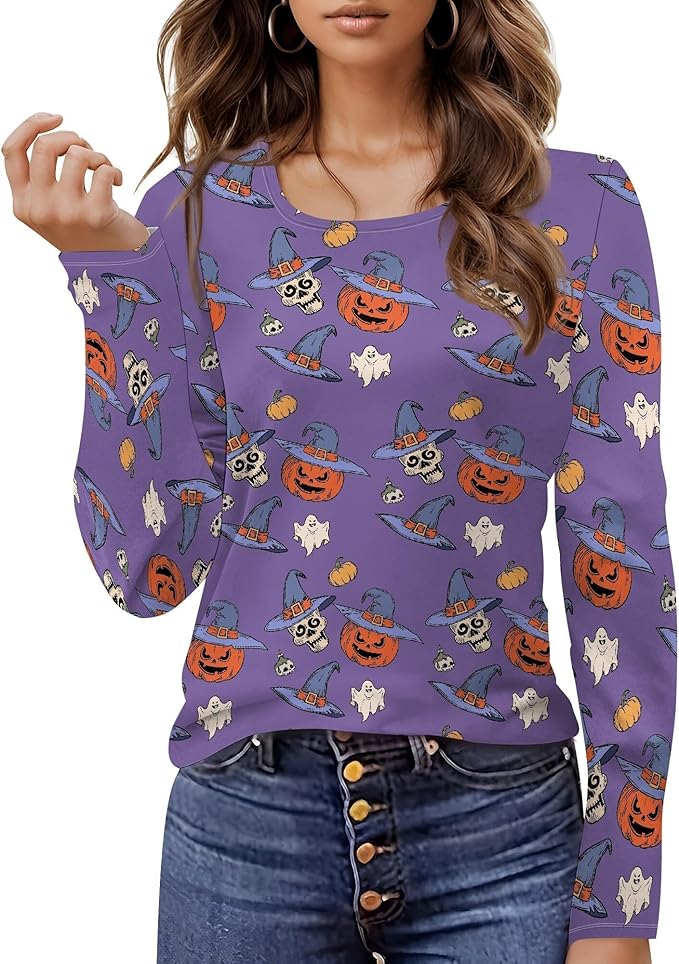 Halloween Sweatshirt Ghost Graphic U-Neck Sweatshirt Long Sleeve Breathable Plus Size Halloween Pullover Best Gift