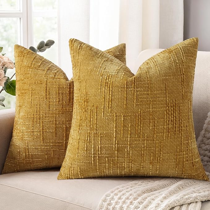 decorUhome Mustard Yellow Chenille Throw Pillow Covers 18x18 Set of 2 Thick Textured Slubby Couch Pillow Covers Farmhouse Accent Modern Neutral Decorative Pillow Cases for Bed Sofa Living Room