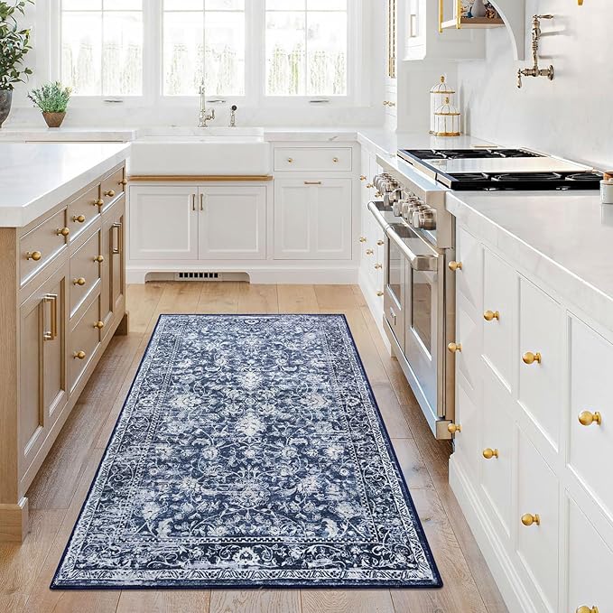 KILOCOCO Area Rug 3x5 Washable Entryway Rug Printed Vintage Floral Rubber Backed Non Slip Indoor Blue Kitchen Rugs for Living Room Laundry Room Playroom Mudroom Moroccan Area Rugs