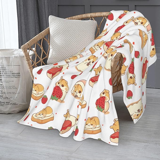 Hamster Strawberry Throw Blanket Soft Plush Fleece Blankets Warm Cozy Lightweight Fuzzy Blanket for Bed Sofa Couch Home Decor 60"X50"