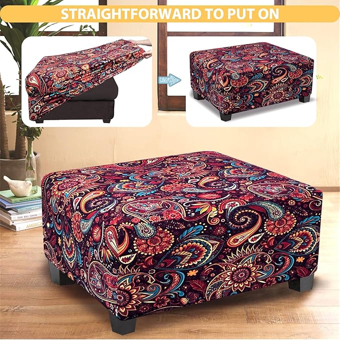 Ottoman Cover Rectangle Printed,Stretch Slipcover for Rectangular Footstool,Soft Fabric with Non-Slip Elastic Bottom,Decorative Furniture Protector for Living Room,Large,Flower E