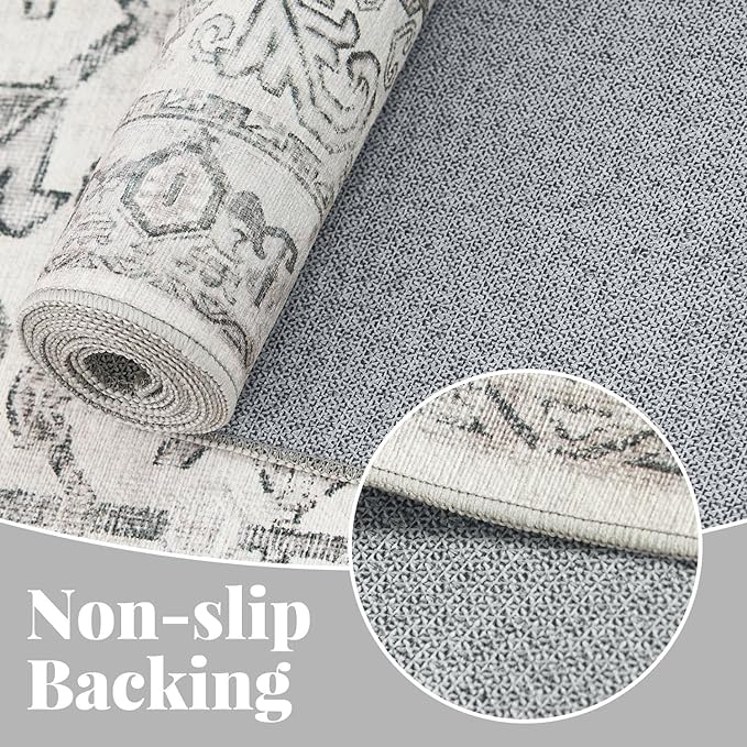 jinchan Lima Round Rug 7ft Vintage Machine Washable Area Rug Indoor Circle 7' Ultra-Thin Non-Slip Floral Print Carpet for Farmhouse Entryway Dining Room Living Room Bedroom Office (7'Round, Grey)